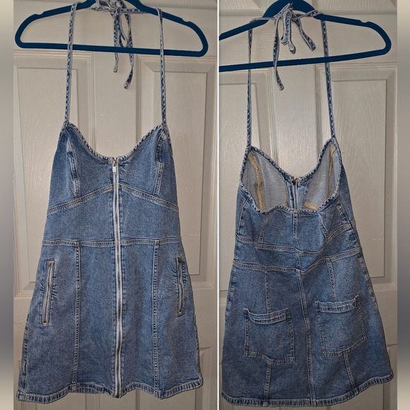 American Eagle AE Stretch Denim Jean Halter Mini Dress Zip Front Sz 12 or L - Picture 9 of 9